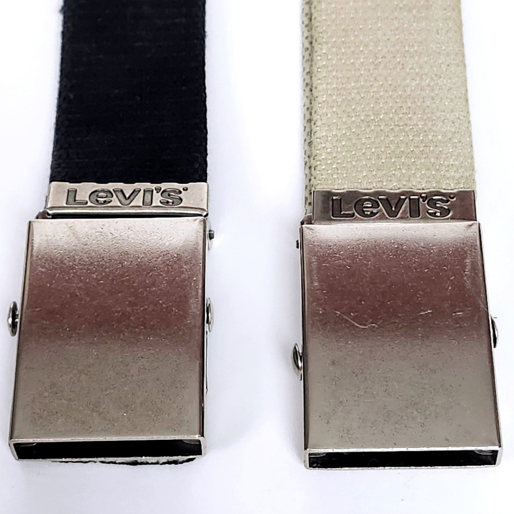 Vintage Levis Canvas Web Belts Lot of 2 Black Tan Buckle Adjustable‎ 43" Y2K